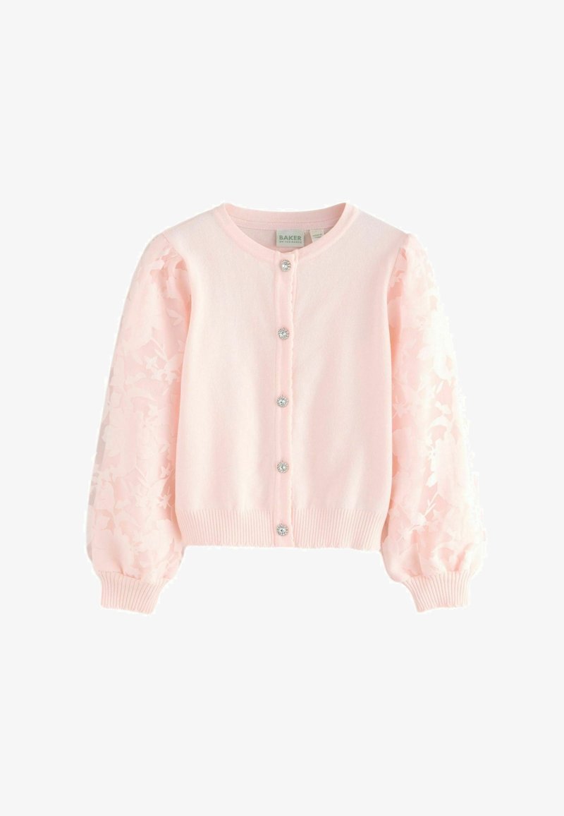 Světle růžový kardigan s nabíranými rukávy, s krajkovým květinovým vzorem na rukávech, pěti dekorativními knoflíkovými uzávěry a vroubkovaným lemem.