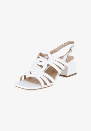 Weiße Damen-Slingback-Sandale mit Blockabsatz und rund ausgeschnittenem Riemendesign, offenem Zehenbereich und geschnalltem Knöchelriemen.