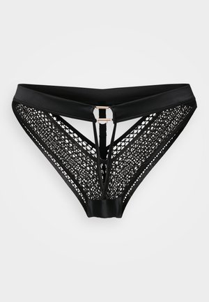 Schwarze Bikini-Briefs mit einem geometrischen Spitzenmuster und einem zentralen Riemen mit einer goldfarbenen Schnalle. Glatter elastischer Bund für Komfort.