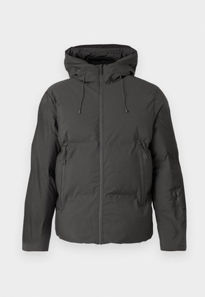Padded, hooded jacket in dark gray, featuring a front zipper, adjustable drawstring, and two side zippered pockets. Smooth texture.