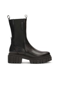 Black ankle boots made of leather with a chunky, ridged rubber sole. Features elastic sides and pull tabs for easy wear. Smooth texture.