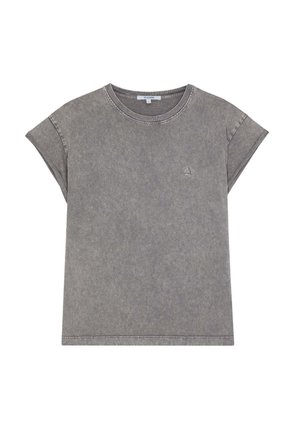 Grey short-sleeve t-shirt with rolled edges, round neckline, and small embroidered logo on the left chest.