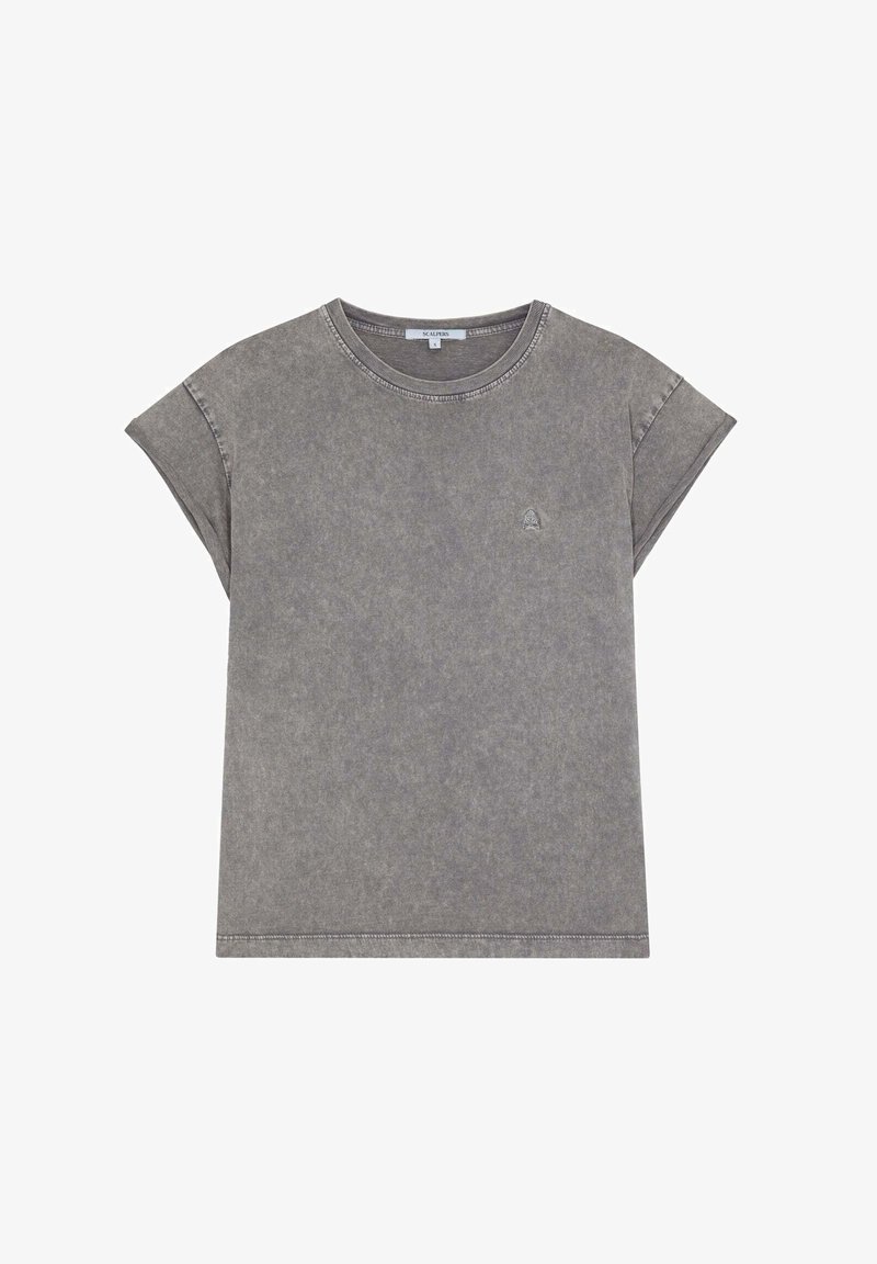 T-shirt gris à manches courtes avec bords roulés, encolure ronde et petit logo brodé sur la poitrine gauche.