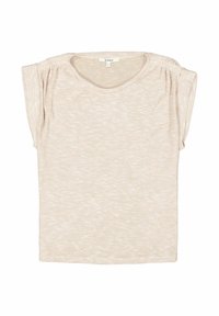 Beige Kurzarmoberteil mit rundem Halsausschnitt, aus einem weichen, strukturierten Stoff gefertigt. Verfügt über subtile Falten an den Schultern für zusätzliche Details.