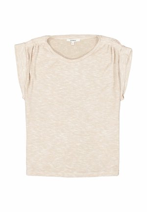 Beige Kurzarmoberteil mit rundem Halsausschnitt, aus einem weichen, strukturierten Stoff gefertigt. Verfügt über subtile Falten an den Schultern für zusätzliche Details.
