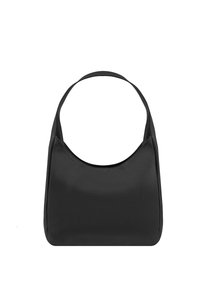 Juodas odinis rankinukas su tekstūruota paviršimi, išgaubtu viršiniu rankenėliu ir švelnia, apvalia forma. Nėra matomų detalių ar akcentų.