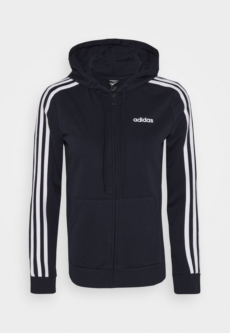 Sweat à capuche zippé Adidas bleu marine avec trois bandes blanches sur les manches, poches avant, capuche avec cordon et logo Adidas sur la poitrine.