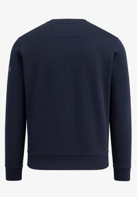 Marineblauwe sweatshirt met een ronde hals, lange mouwen en geribbelde boorden. Gladde textuur met een klein logoplakje op de bovenarm.