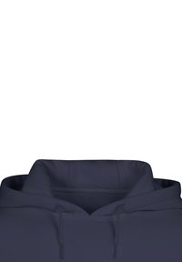 Sweat à capuche bleu marine avec une grande poche avant, des cordons de serrage et une texture douce. Il présente une capuche spacieuse et une coupe décontractée.