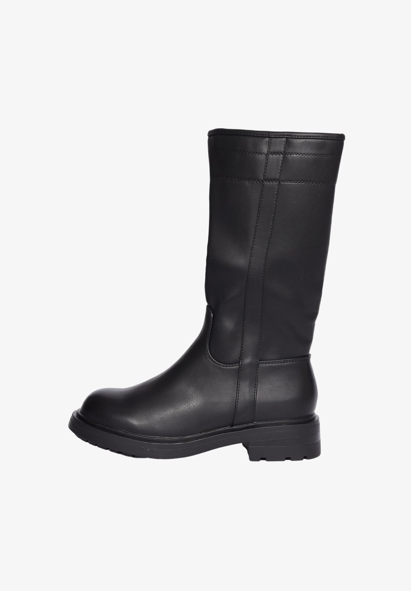 Stivale nero al ginocchio realizzato in pelle liscia con punta arrotondata, suola in gomma robusta e delicate cuciture decorative sul gambale.
