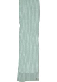 Écharpe en tricot à côtes de couleur vert menthe clair. Présente une texture douce avec une bordure unie contrastante aux extrémités et un petit détail de logo.