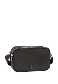 Črna najlonska torbica z pravokotno obliko, srebrnim zadrgo in teksturiranim trakom. Na sprednji strani je izbočen črka "B".