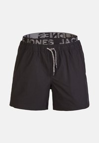 Schwarze Badehose aus leichtem Stoff, mit einem elastischen Bund und kontrastierendem Logo, Kordelzug und Seitentaschen.