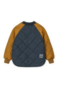 Quilted jacket featuring a navy body and mustard sleeves, ribbed neckline and cuffs, with a small logo accent on the lower right.