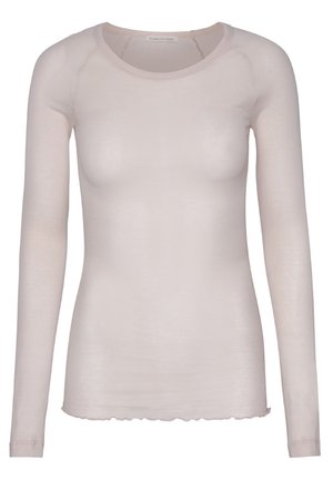 Ljusrosa långärmad tröja med rund halsringning, genomskinlig textur och vågig nederkant. Tillverkad av mjukt, elastiskt material.