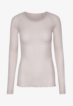 Chemise longue rose clair à manches longues avec un col rond, texture transparente et ourlet en dentelle. Fabriquée en matériau doux et élastique.