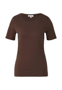 T-shirt marron à manches courtes en coton lisse ; présente un col rond et un design simple. Aucun embellissement ni motif.