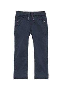 Marineblauwe katoenmix broek met een elastische tailleband, koord en voorzakken. Gladde textuur, rechte pijpen en minimalistische stijl.