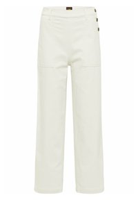 Vita vida byxor i bomull med en mjuk textur, utrustade med två sidfickor och fyra dekorativa knappar på midjebandet.