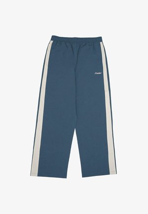 Blauwe joggers met witte zijkanten, elastische tailleband en comfortabele pasvorm; gemaakt van zachte stof met een gladde textuur.