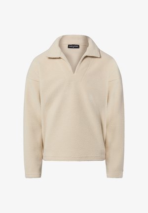 Cream-colored fleece pullover with a V-neck and collar. Features long sleeves and a soft, textured finish. Classic, simple design.
