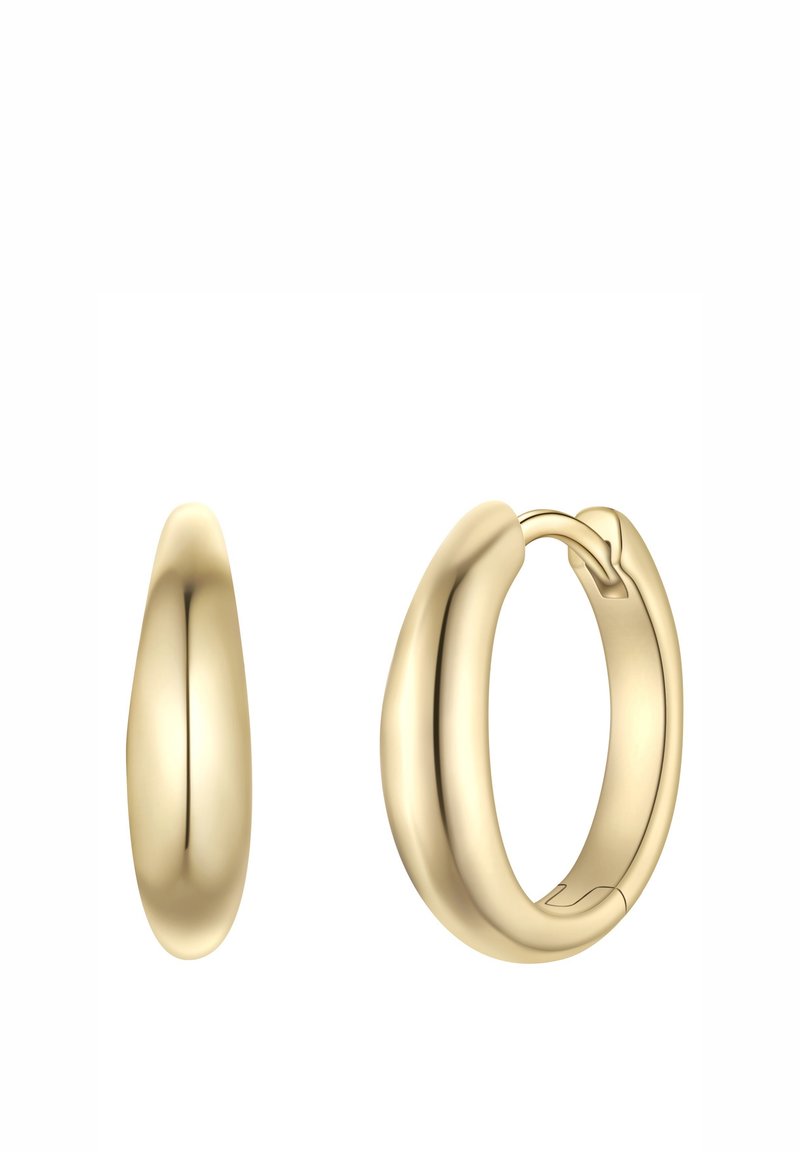 Zlatni obruči naušnice s glatkim, zaobljenim dizajnom; imaju sjajnu završnu obradu i sigurno zakretno zatvaranje. Prikazane su iz dva kuta radi jasnoće.
