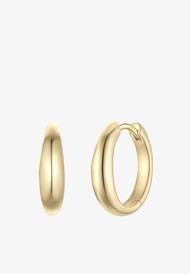 Zlatni obruči naušnice s glatkim, zaobljenim dizajnom; imaju sjajnu završnu obradu i sigurno zakretno zatvaranje. Prikazane su iz dva kuta radi jasnoće.