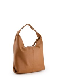 Braune Lederschultertasche mit einem lässigen Design, strukturierten Oberflächen und einem einzelnen Griff. Reißverschlussverschluss oben.