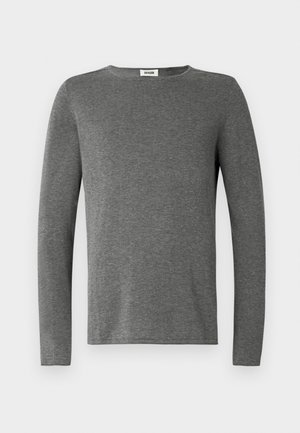 Gray long-sleeve shirt made of soft fabric, featuring a round neckline and a plain design with no visible patterns or accents.