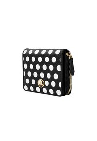 Portafoglio nero con pois bianchi, realizzato in materiale testurizzato. Presenta un dettaglio del logo dorato e una cerniera laterale per la chiusura.