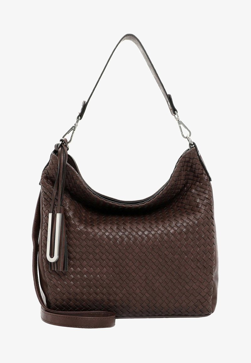 Sac à main en cuir tressé marron foncé avec une bandoulière simple, une longue bandoulière amovible et un pompon décoratif avec détail métallique.