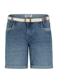 Denim shorts in medium blue with a folded hem, featuring a woven off-white and brown belt, five-pocket design, and subtle fading.