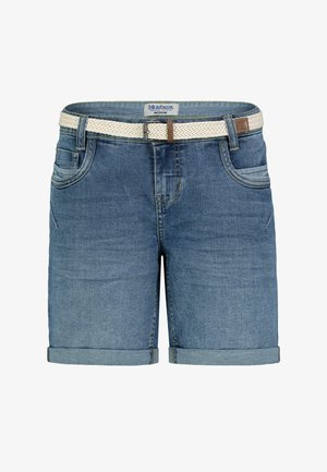Denim shorts in medium blue with a folded hem, featuring a woven off-white and brown belt, five-pocket design, and subtle fading.