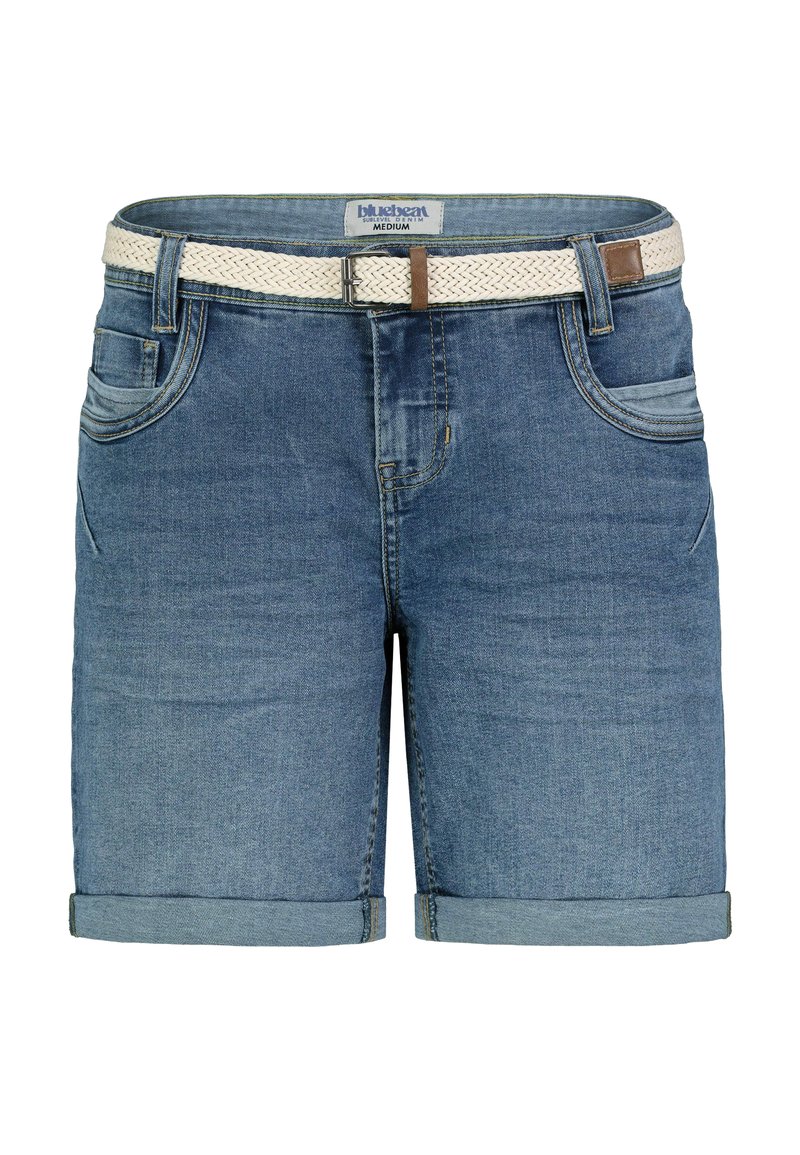 Denim shorts in medium blue with a folded hem, featuring a woven off-white and brown belt, five-pocket design, and subtle fading.
