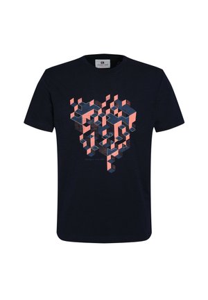 Navy cotton t-shirt featuring a geometric graphic in pink and black. Short sleeves, crew neck, soft texture, and regular fit.