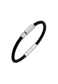 Bracciale in pelle intrecciata nera con accenti in argento, dotato di una chiusura cilindrica texturizzata e di un connettore cilindrico liscio.