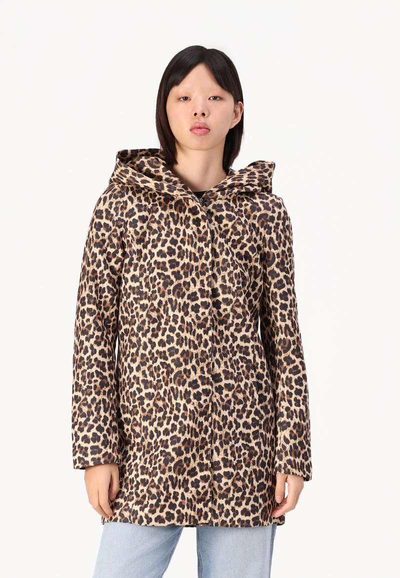 Leopard print coat with a hood, made from textured fabric; features front buttons and long sleeves, falling to mid-thigh.