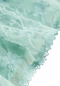Helles mintgrünes Spitzengewebe mit floralem Stickerei, zarten gewellten Kanten und einem transparenten Textur, das aufwendige Details präsentiert.