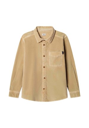 Beige overhemd met lange mouwen, knoopsluiting, kraag en borstzak aan de linkerkant.
