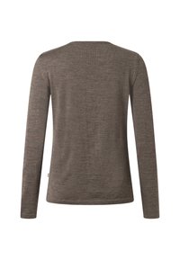 Brun långärmad stickad tröja med rund halsringning, sedd från baksidan mot en vit bakgrund.