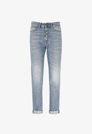 Jeans in denim azzurro chiaro con vita alta, chiusura frontale a cinque bottoni, orli arrotolati e una leggera scoloritura. Presentano un classico design a cinque tasche.