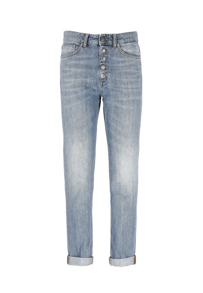 Jeans in denim azzurro chiaro con vita alta, chiusura frontale a cinque bottoni, orli arrotolati e una leggera scoloritura. Presentano un classico design a cinque tasche.