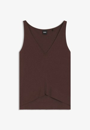 Haut sans manches marron en maille à col en V avec ourlet asymétrique côtelé et étiquette noire BOSS à l'encolure.