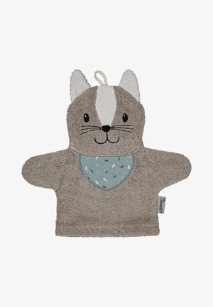 Grau katzenförmiger Ofenhandschuh aus strukturiertem Frottier mit weißen Ohren, besticktem Gesicht und einem türkisfarbenen Latz mit gepunktetem Muster.