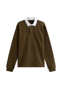 Brown long-sleeve polo shirt featuring a white collared neckline, textured fabric, and horizontal seam details.