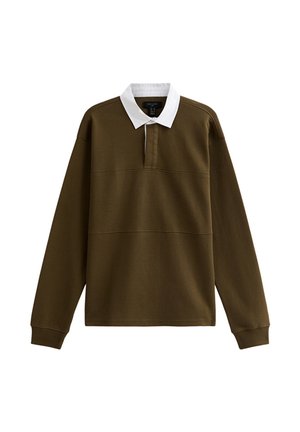 Polo à manches longues marron avec un col blanc, tissu texturé et détails de couture horizontale.