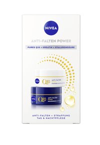 NIVEA anti-wrinkle cream set with a white and blue design. Includes a day cream and a night cream, both featuring yellow accents and labels.
