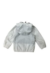 Giacca bianca leggera con cappuccio, polsini e vita elasticizzati; presenta una texture liscia e dettagli di cucitura lungo i fianchi.