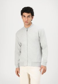 Light grey zip-up bomber jacket with a round collar, long sleeves, and side pockets, made of soft, textured fabric.