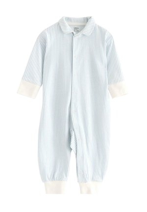 Gestreifter hellblauer Overall mit weißen Bündchen und Kragen; verfügt über eine Knopfleiste und elastische Knöchel für zusätzlichen Komfort. Aus weichem Baumwollmaterial.